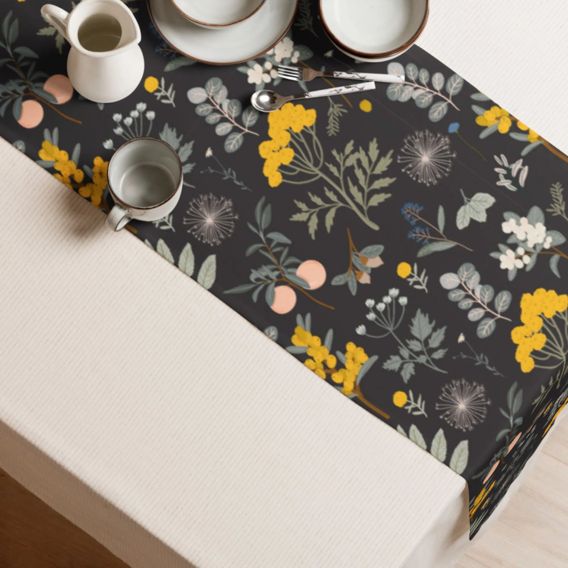 Autumn Botanical TABLE RUNNER from Blue Water Songs placing on white cloth table