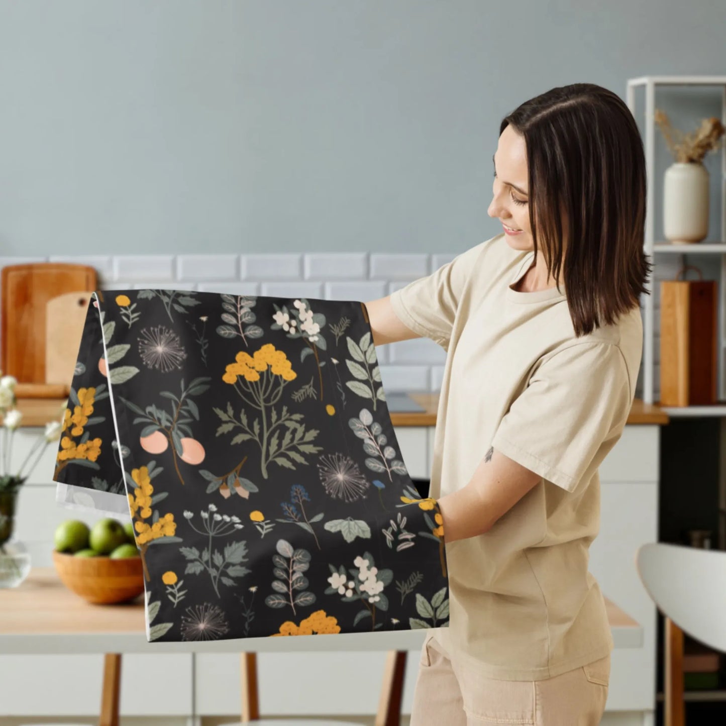 woman holding Autumn Botanical TABLE RUNNER from Blue Water Songs 