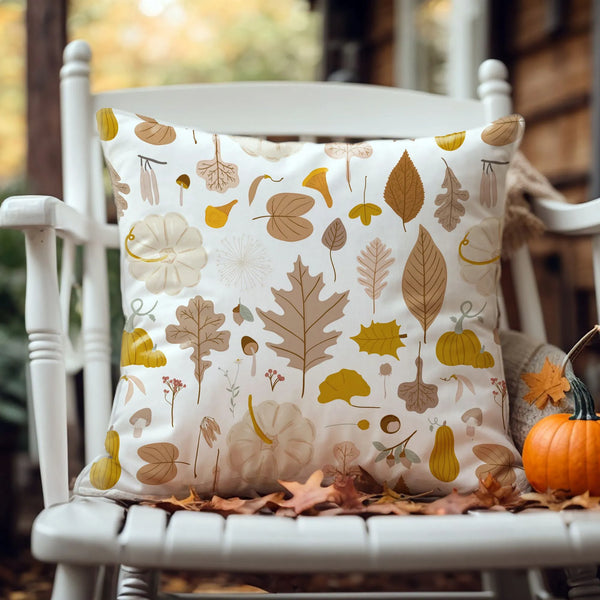 outdoor chair with Pumpkin, Leaves Fall PILLOW from Blue Water Songs on it