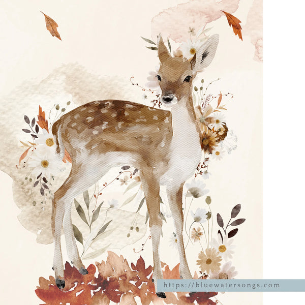 close up of Watercolor Fall Deer Print from Blue Water Songs