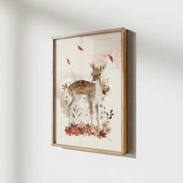 Watercolor Fall Deer Print from Blue Water Songs hanging on white wall