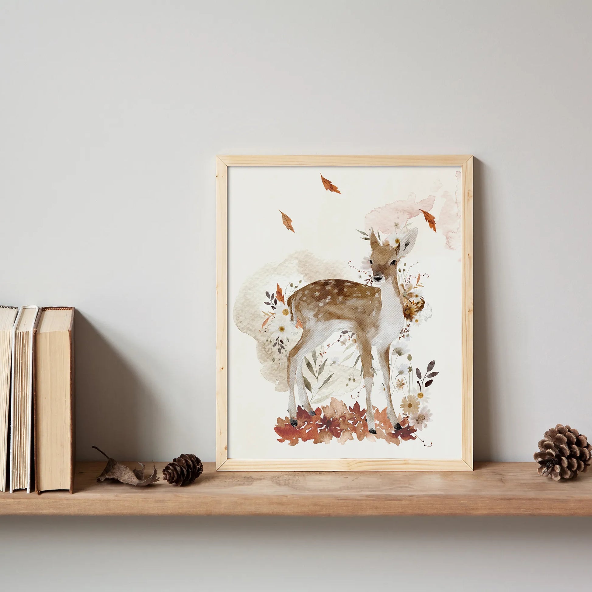 bookshelf decorated with Watercolor Fall Deer Print from Blue Water Songs