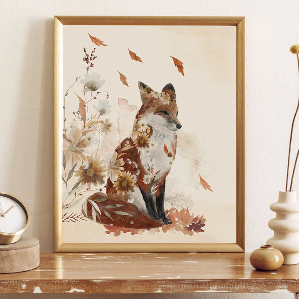 autumn fox poster from Blue Water Songs placing on wood shelf