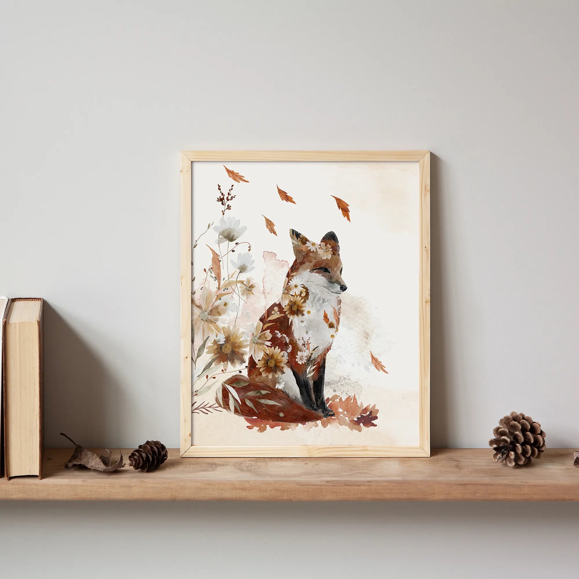 autumn decoration on bookshelf with Watercolor Fox and Fall Wildflowers - art print from Blue Water Songs