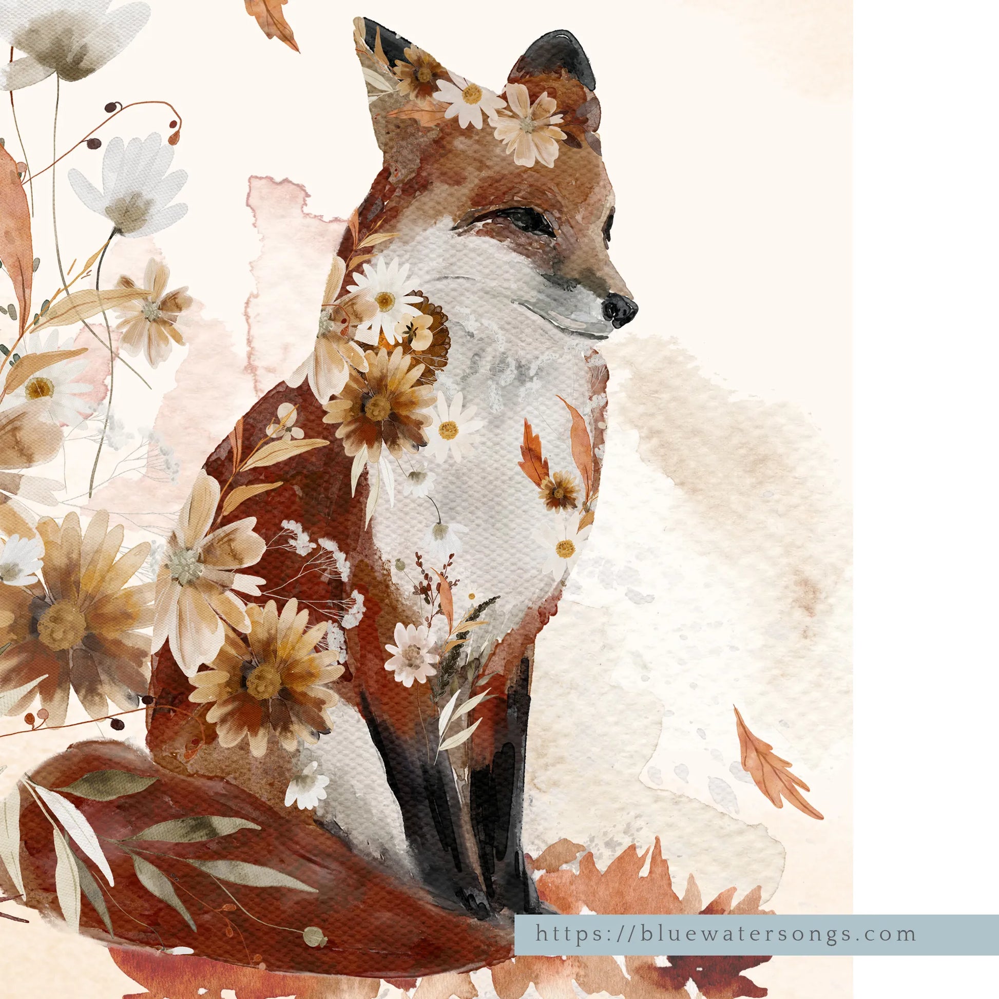 close up of Watercolor Fox and Fall wildflowers—art print from Blue Water Songs