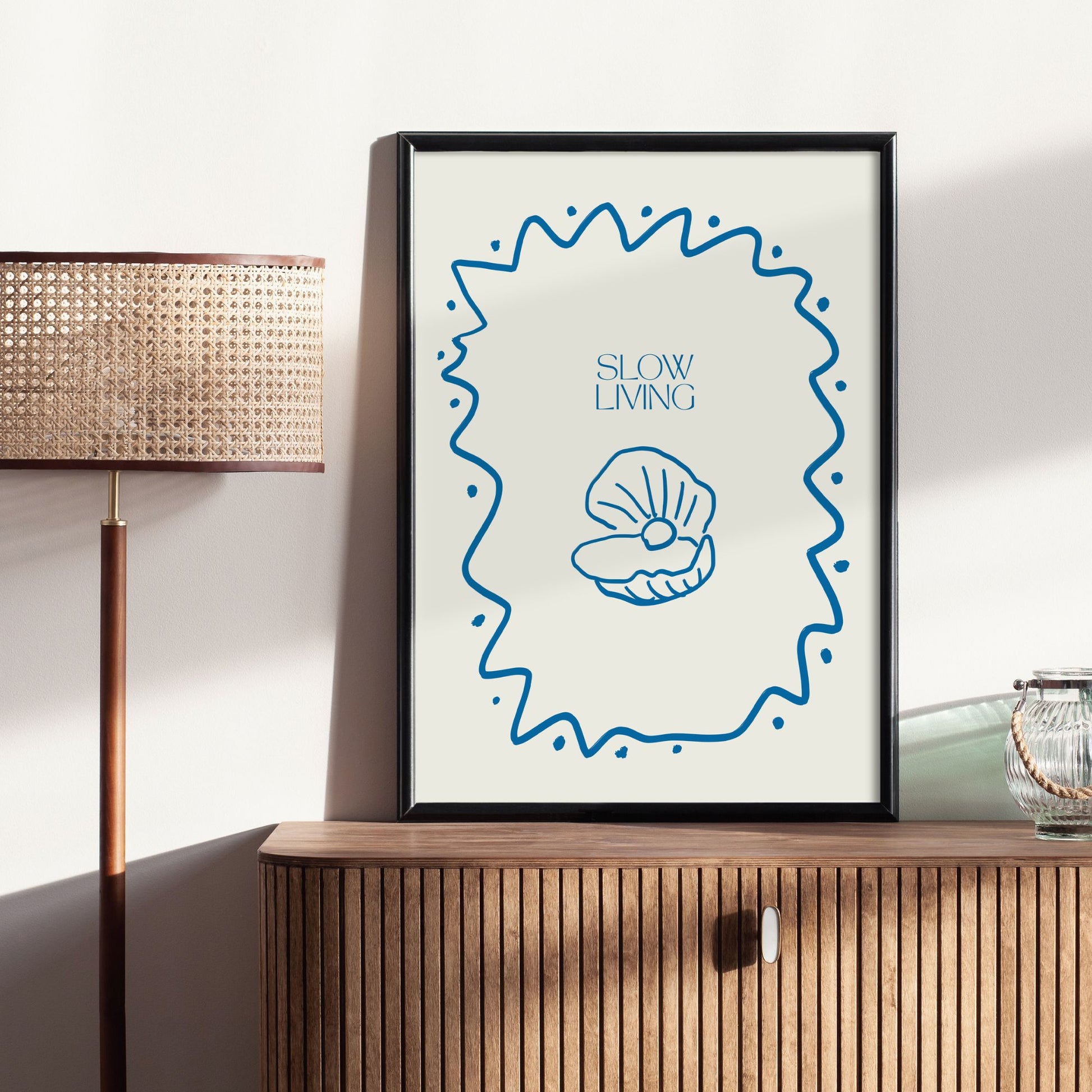 slow living poster Blue Water Songs in black frame