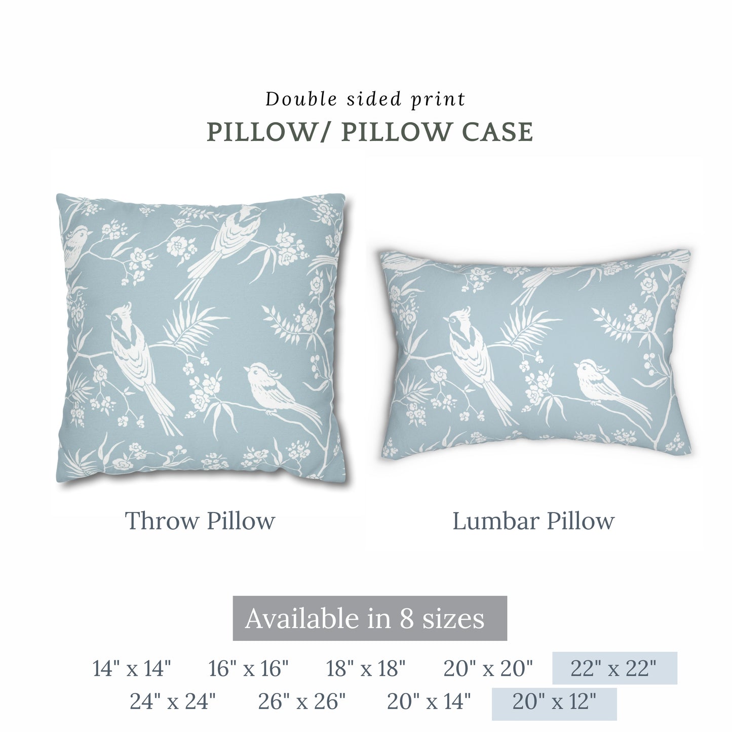 Oiseaux bleus et fleurs OREILLER ET HOUSSE - DÉCOR PRINTEMPS ORIENTAL