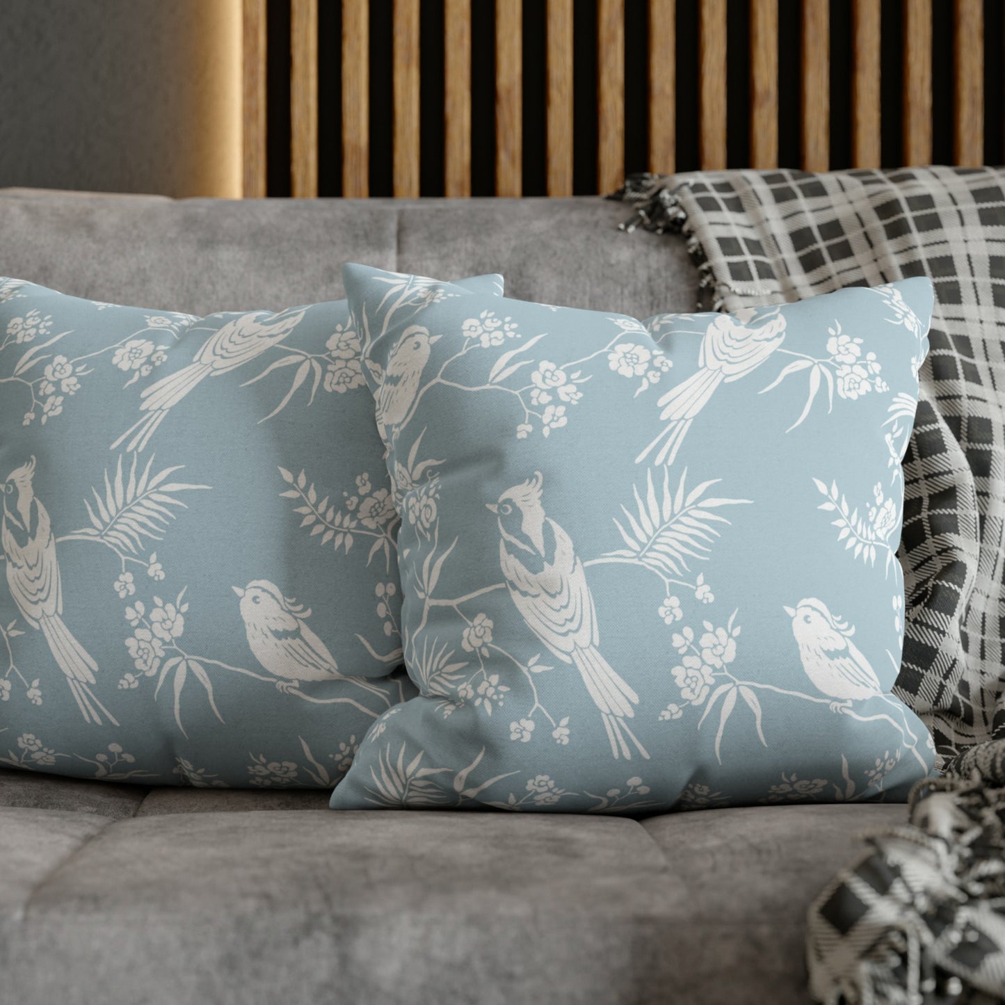 Oiseaux bleus et fleurs OREILLER ET HOUSSE - DÉCOR PRINTEMPS ORIENTAL