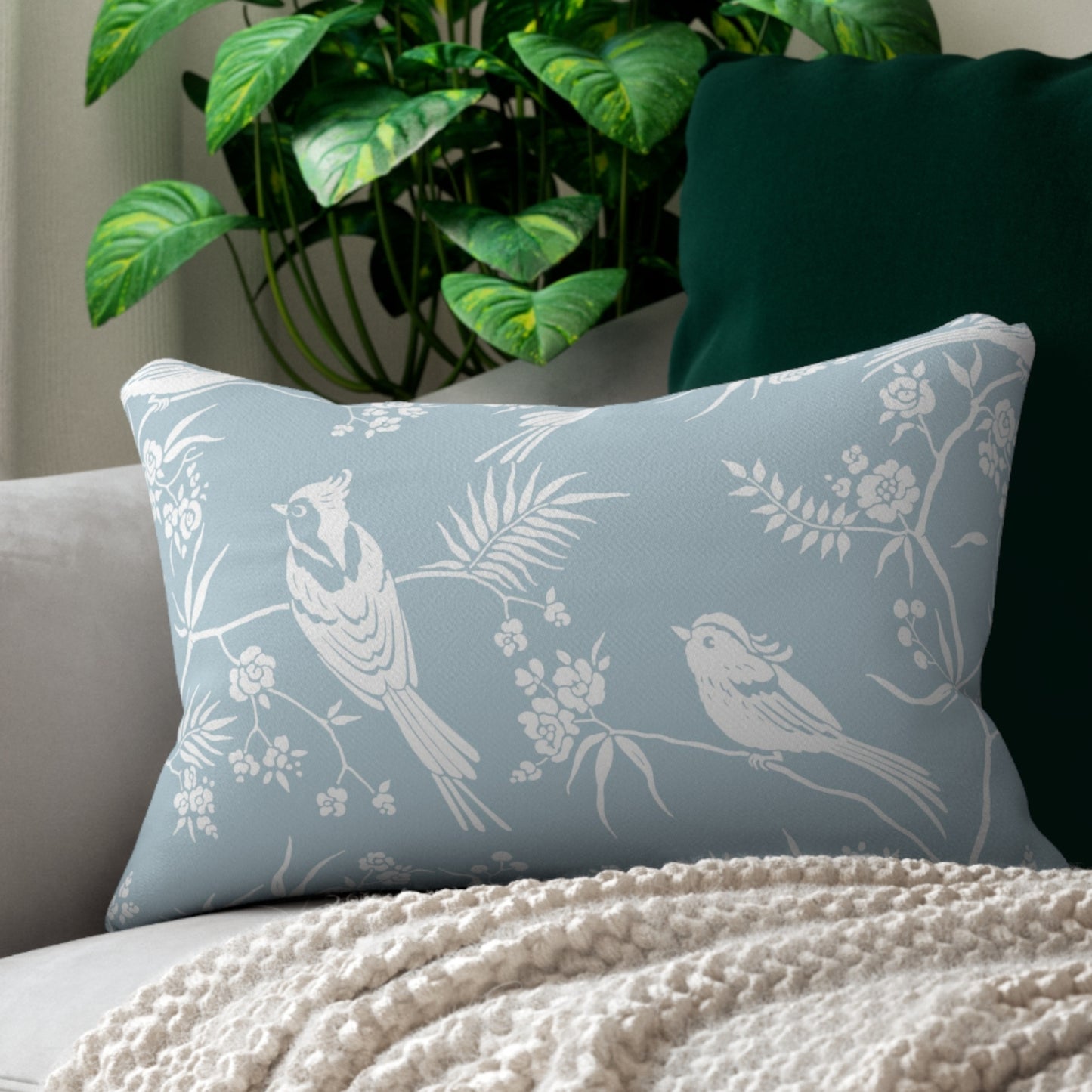 Oiseaux bleus et fleurs OREILLER ET HOUSSE - DÉCOR PRINTEMPS ORIENTAL