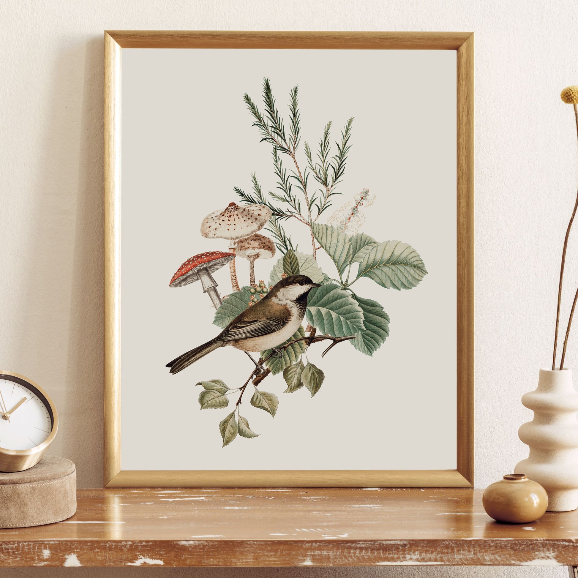 Birds Mushrooms Botanical Vintage Art Print - DIGITAL DOWNLOAD - WOODLAND 2