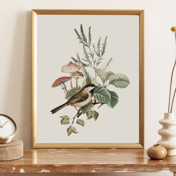 Birds Mushrooms Botanical Vintage Art Print - DIGITAL DOWNLOAD - WOODLAND 2