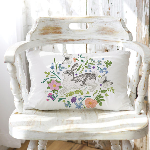 Bunny and Spring meadow lumbar PILLOW from Blue Water Songs on white vintage chair