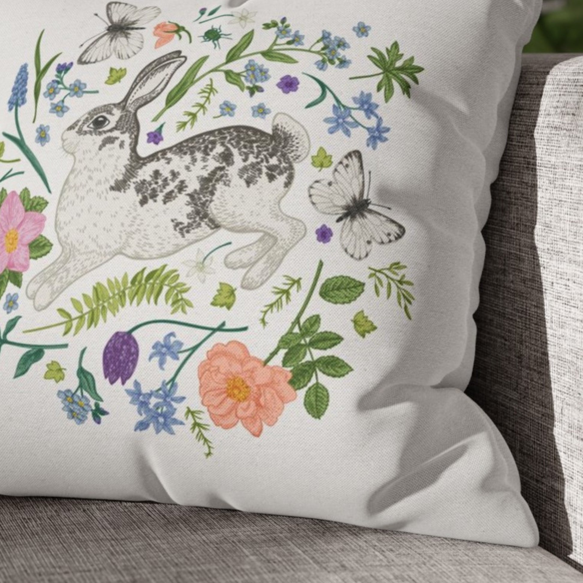 closer look of Bunny and Spring meadow PILLOW from Blue Water Songs