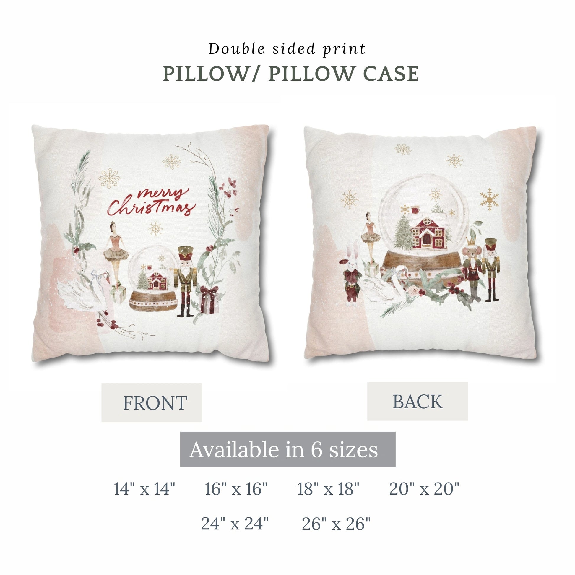 Ballet Christmas Pillow Cover featuring double sided print with festive designs, available in multiple sizes.