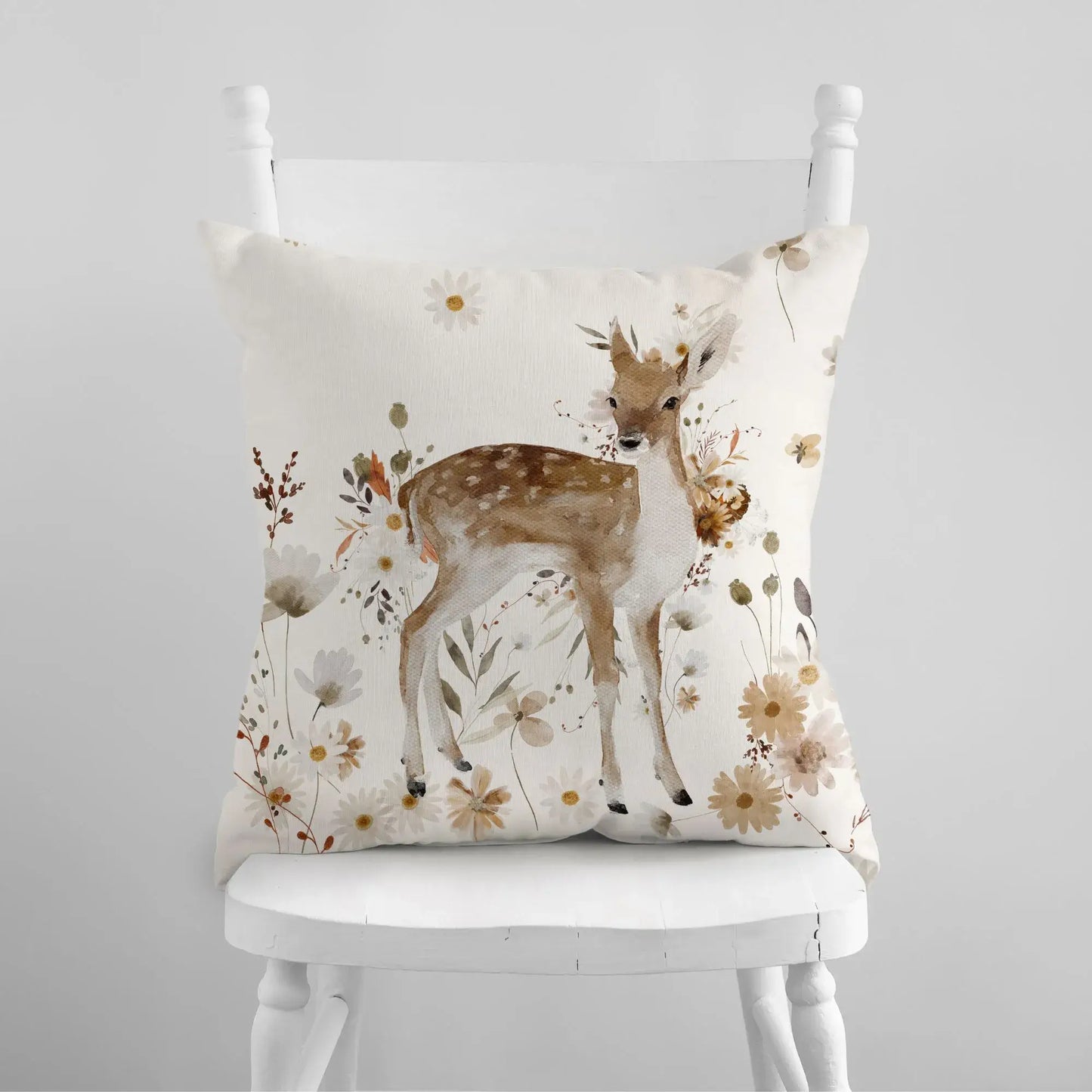 Bambi Deer Fall Pillow Cover from Blue Water Songs on white chair