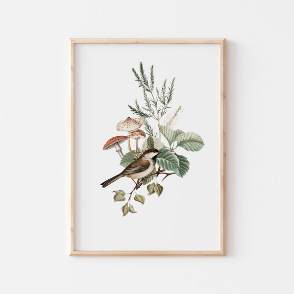 Birds Mushrooms Botanical Vintage Art Print - DIGITAL DOWNLOAD - WOODLAND 2