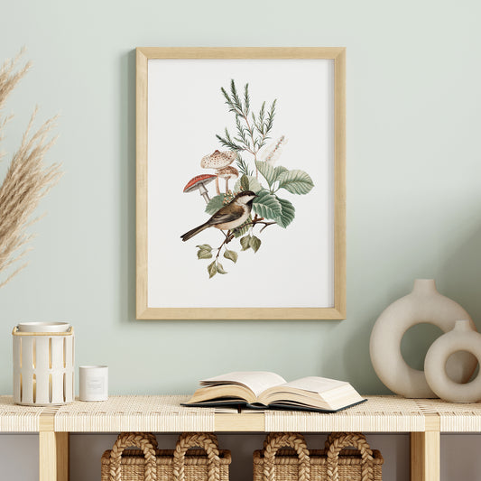 Birds Mushrooms Botanical Vintage Art Print - DIGITAL DOWNLOAD - WOODLAND 2