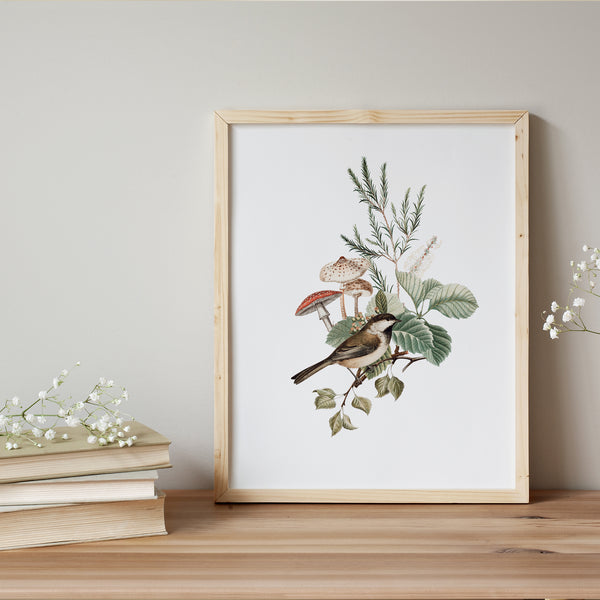 Birds Mushrooms Botanical Vintage Art Print - DIGITAL DOWNLOAD - WOODLAND 2