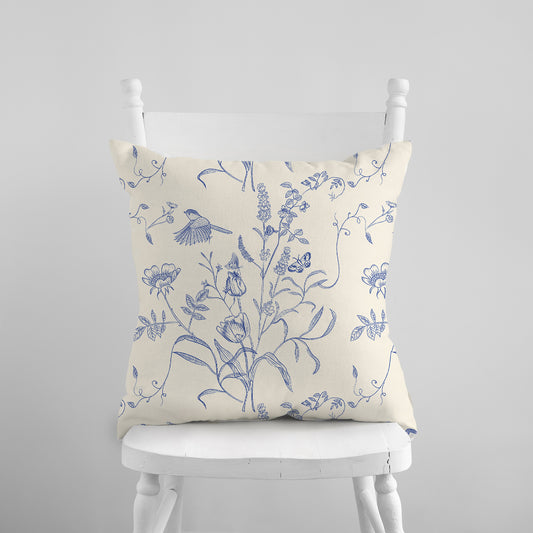 Blue Chinoiserie Botanical PILLOW & COVER | Blue Water Songs on white chair