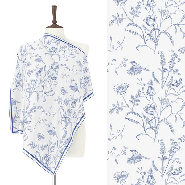 Blue Floral Silk SCARF from Blue Water Songs wrapping around mannenquin 