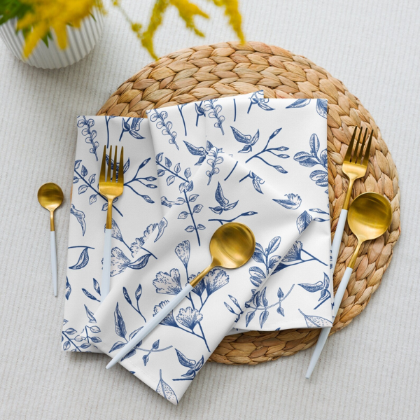 Blue Leaves Floral Cloth NAPKIN Set on papyrus placemat