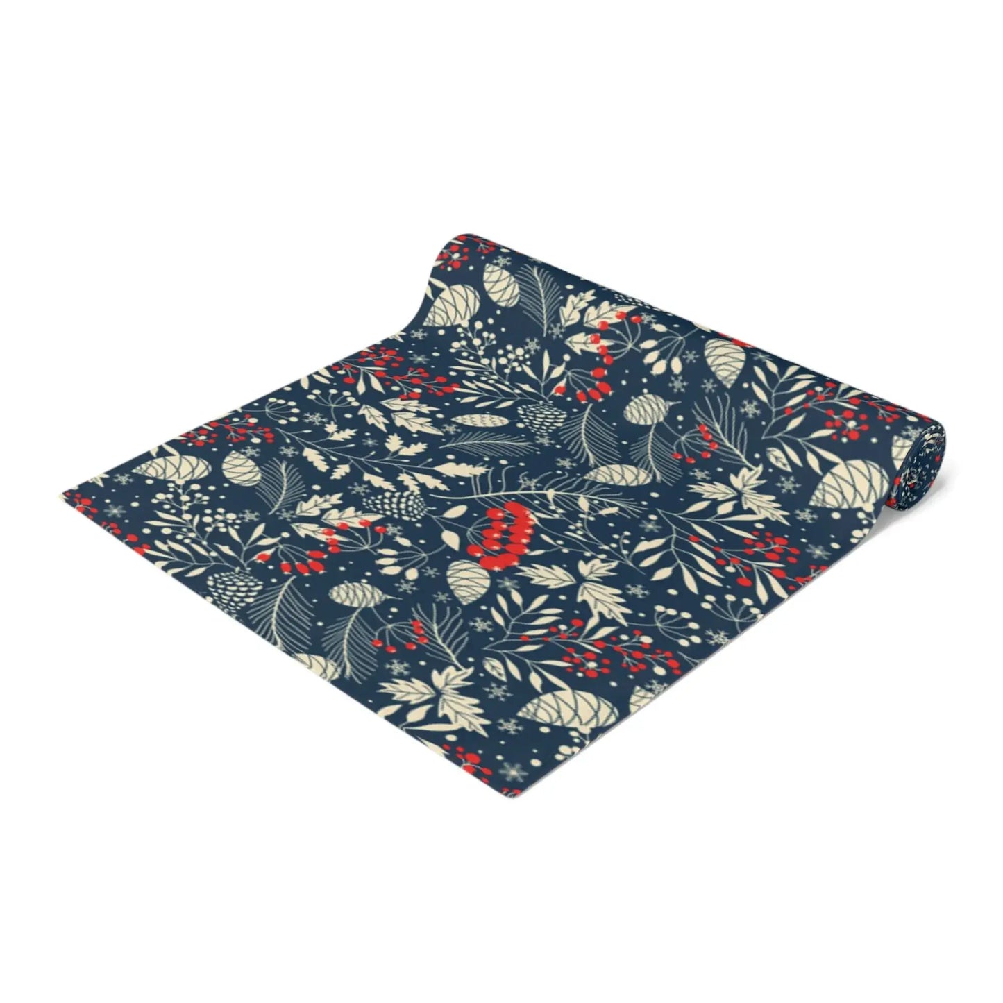 Blue Winter Botanical Christmas Table Runner featuring pine and berry designs on a navy background.