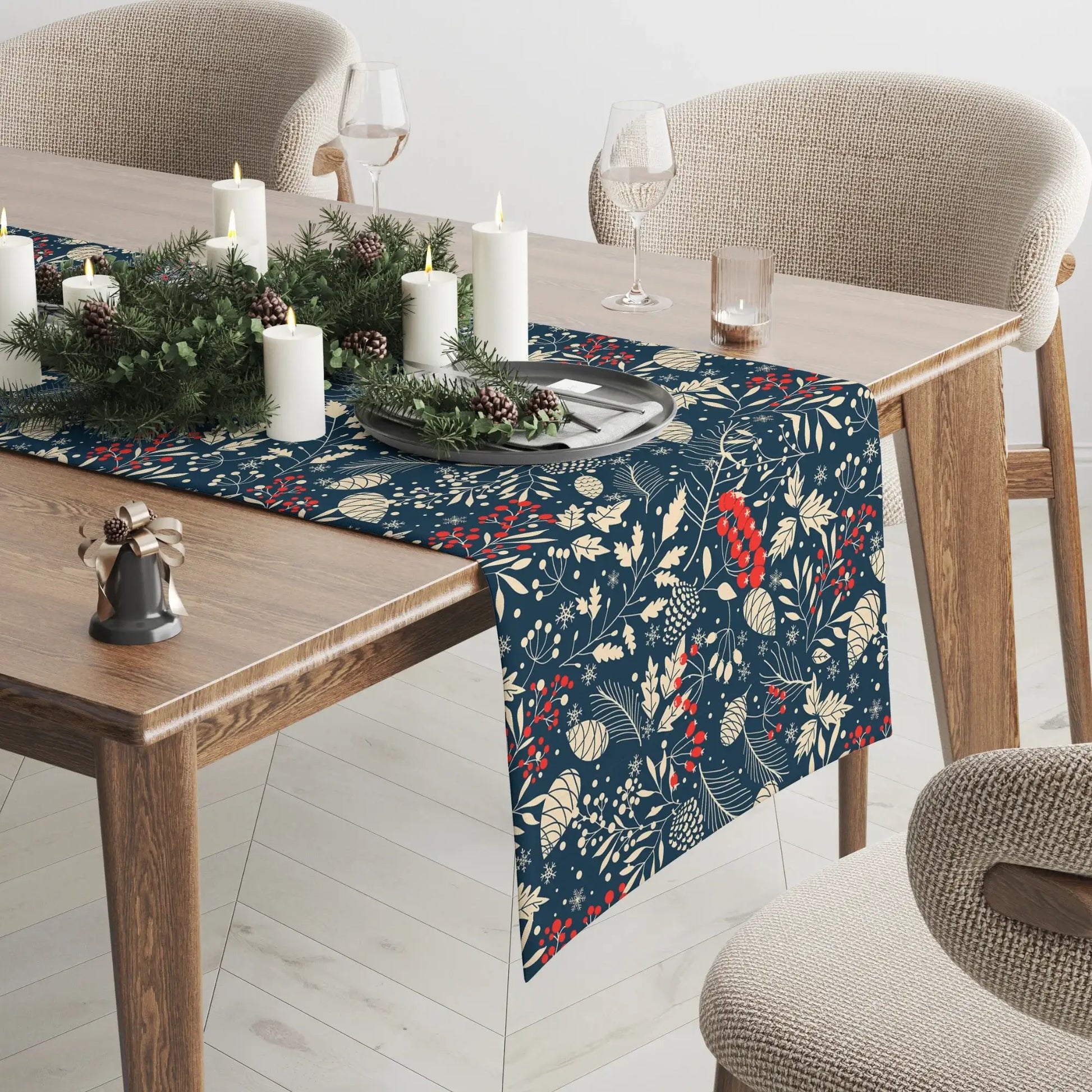 Blue Winter Botanical Christmas Table Runner featuring pine and berry designs on a holiday dining table setup.