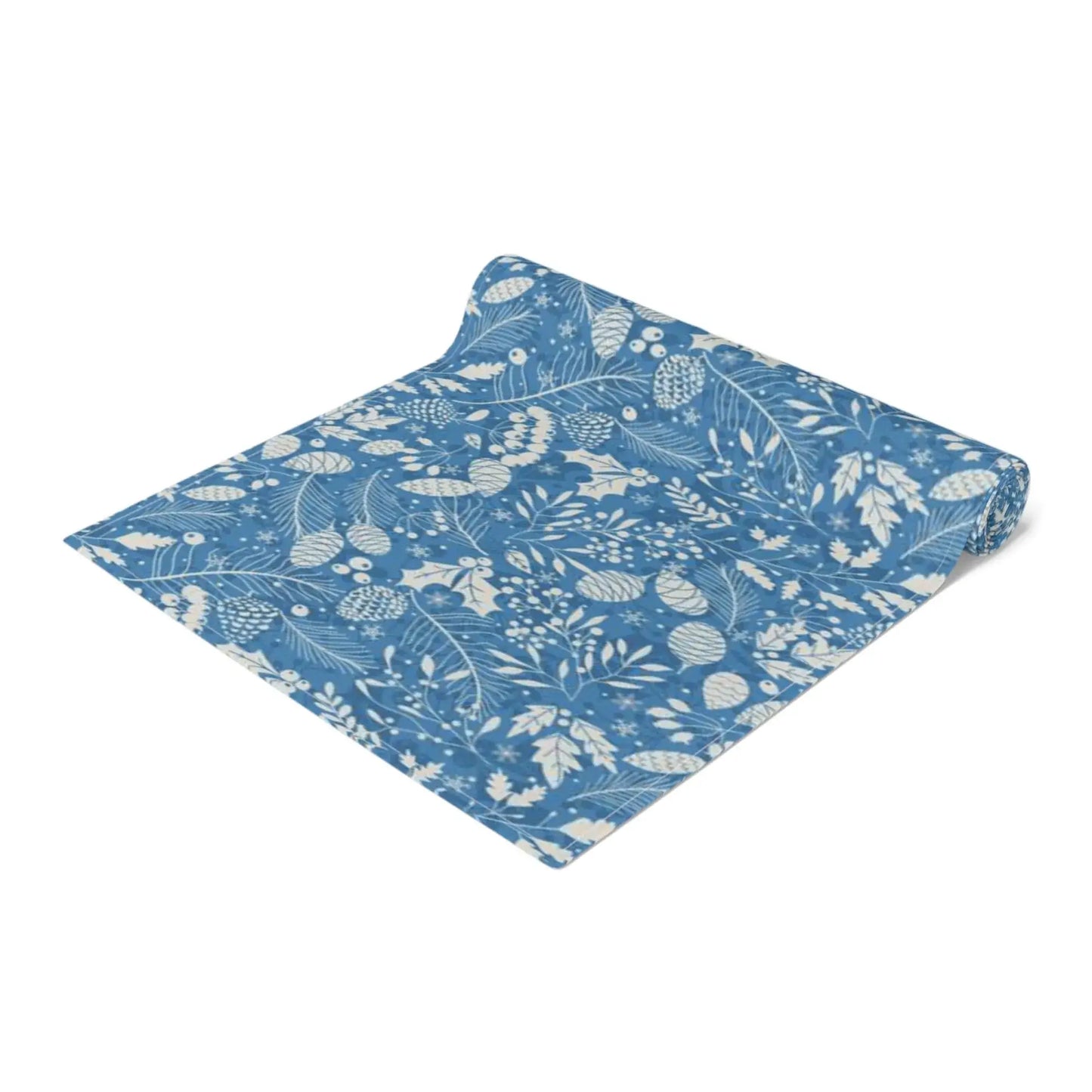 Blue Winter Botanical Christmas Table Runner featuring a pine and berry design in a calming blue color.