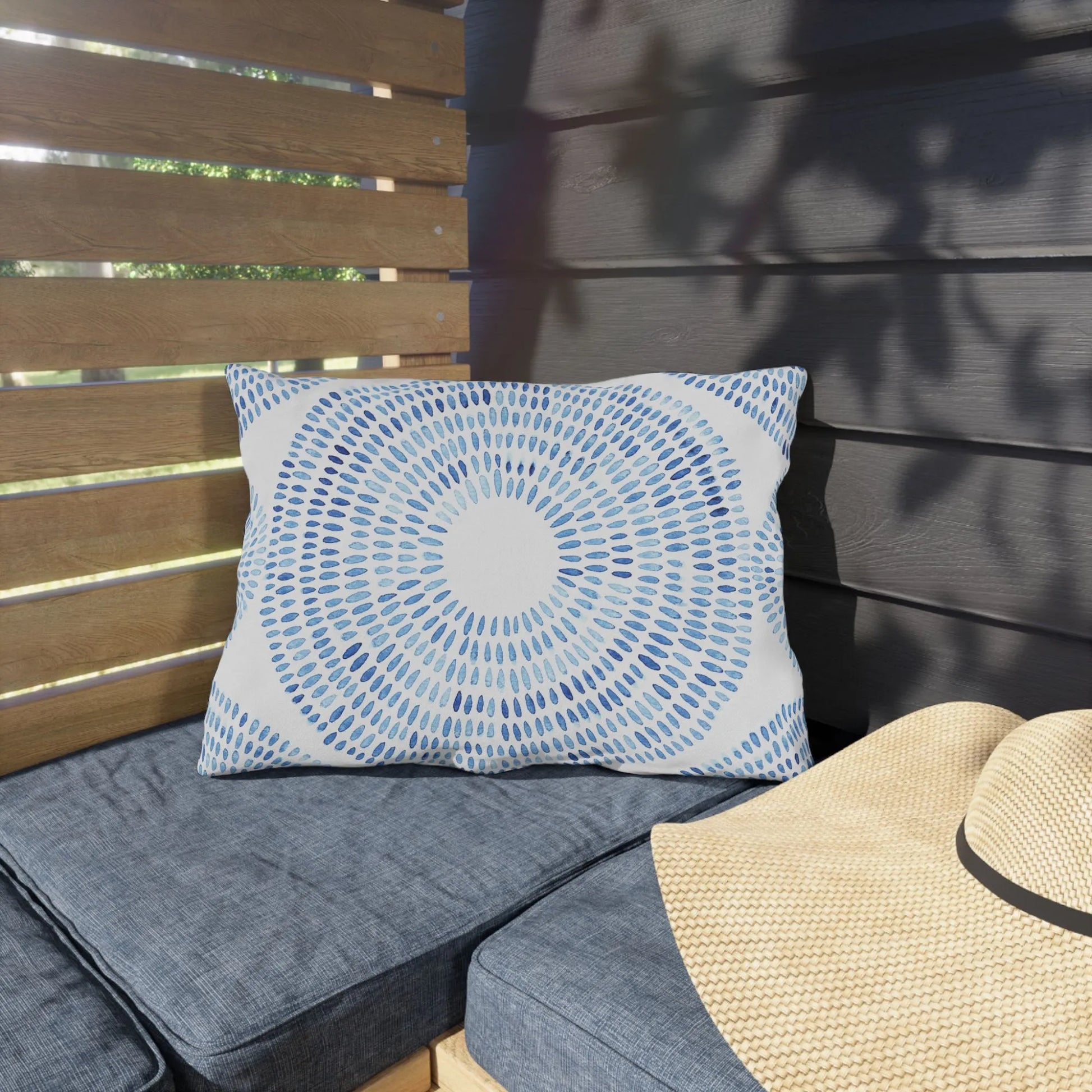 beach bench with Blue Watercolor Hand-Painted Pattern| OUTDOOR PILLOW from Blue Water Songs on it