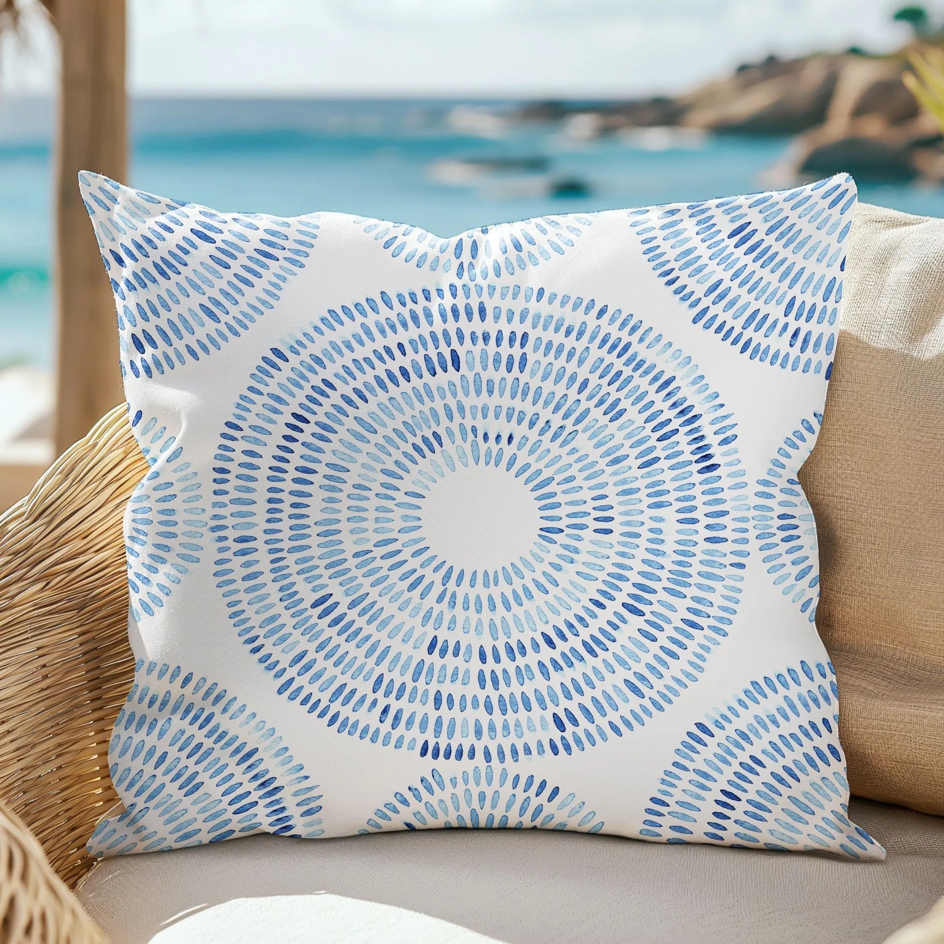 Blue Watercolor Hand-Painted Pattern| OUTDOOR PILLOW from Blue Water Songs sitting on rattan chair