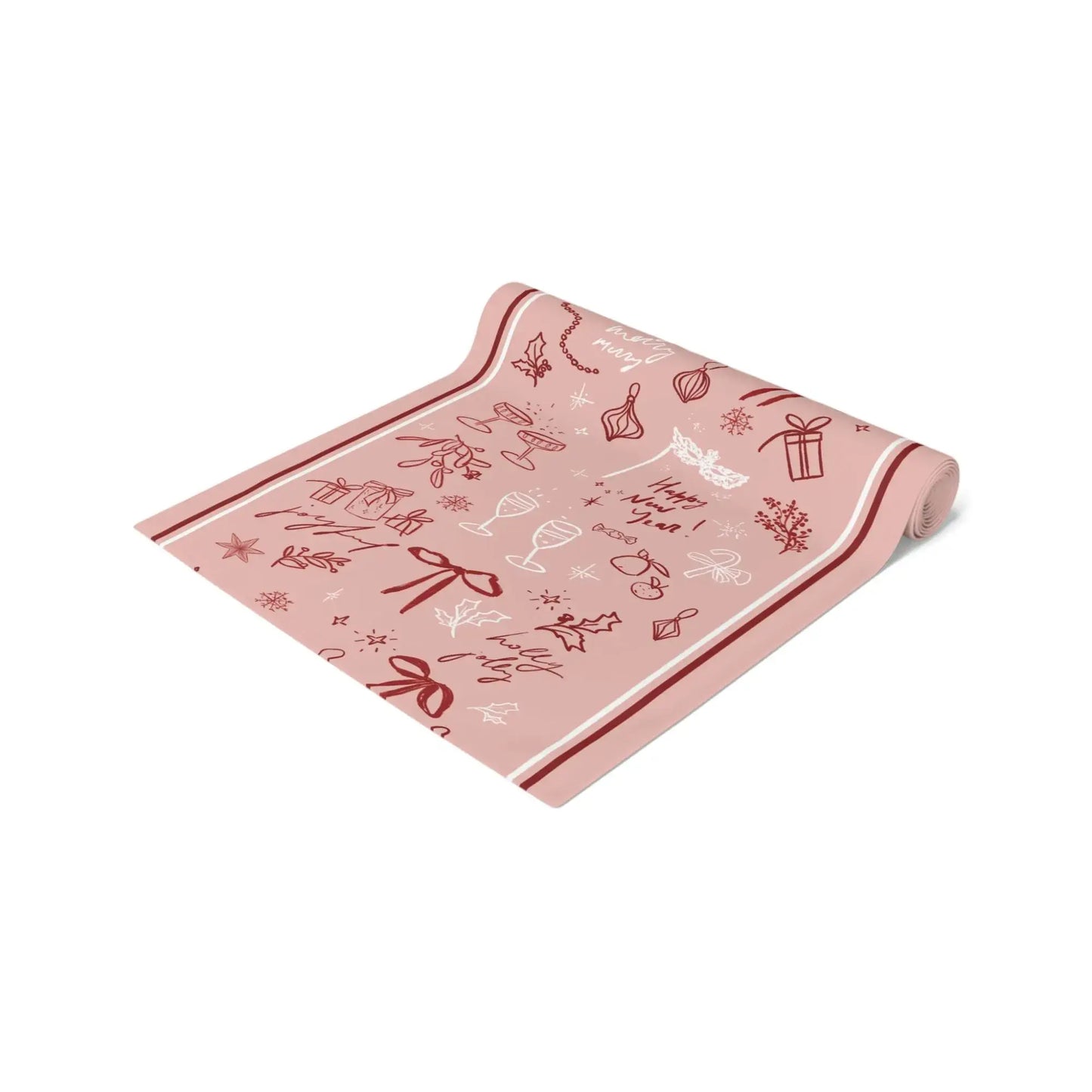 Blush Pink Christmas Table Runner with red line art designs and festive holiday motifs