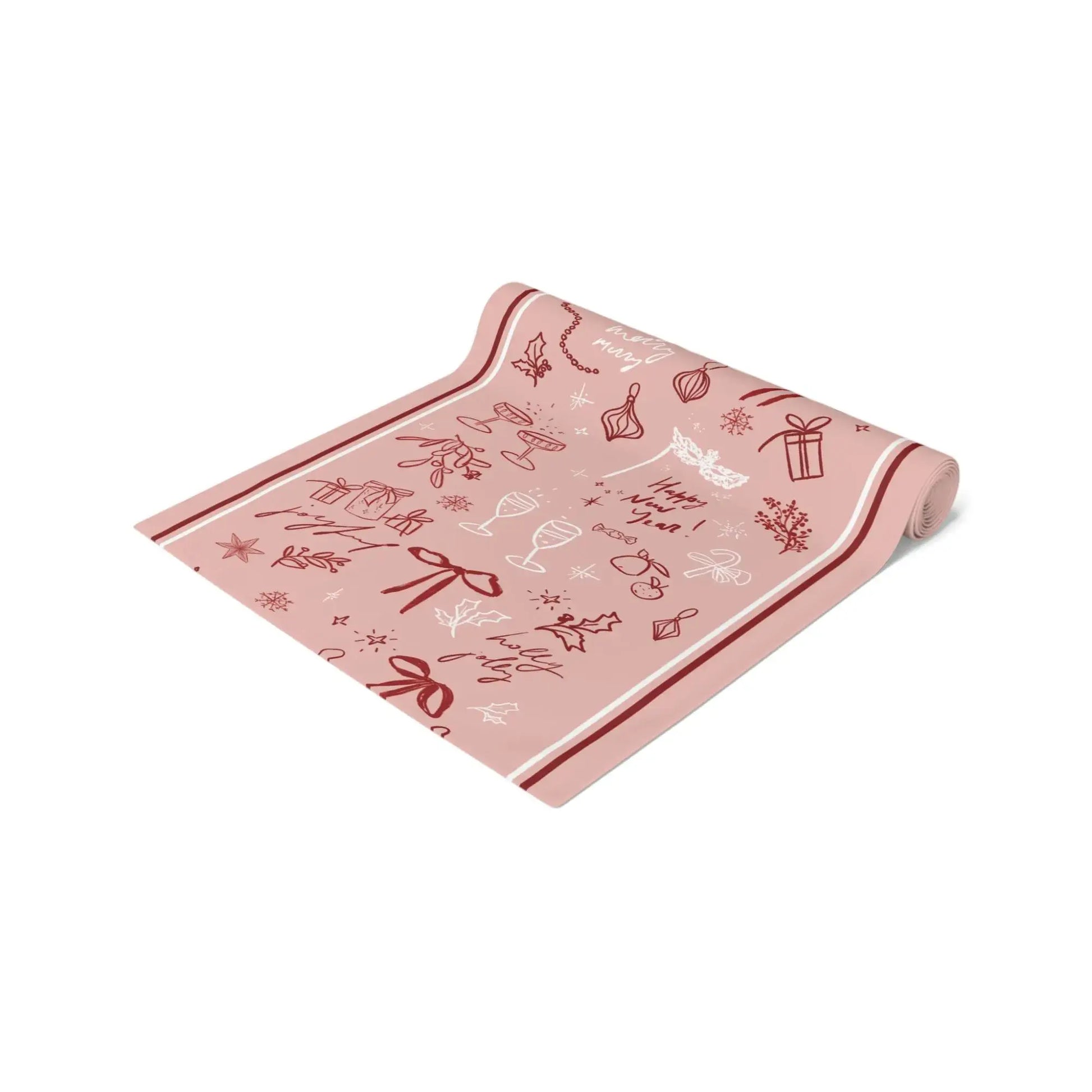 Blush Pink Christmas Table Runner with red line art designs and festive holiday motifs