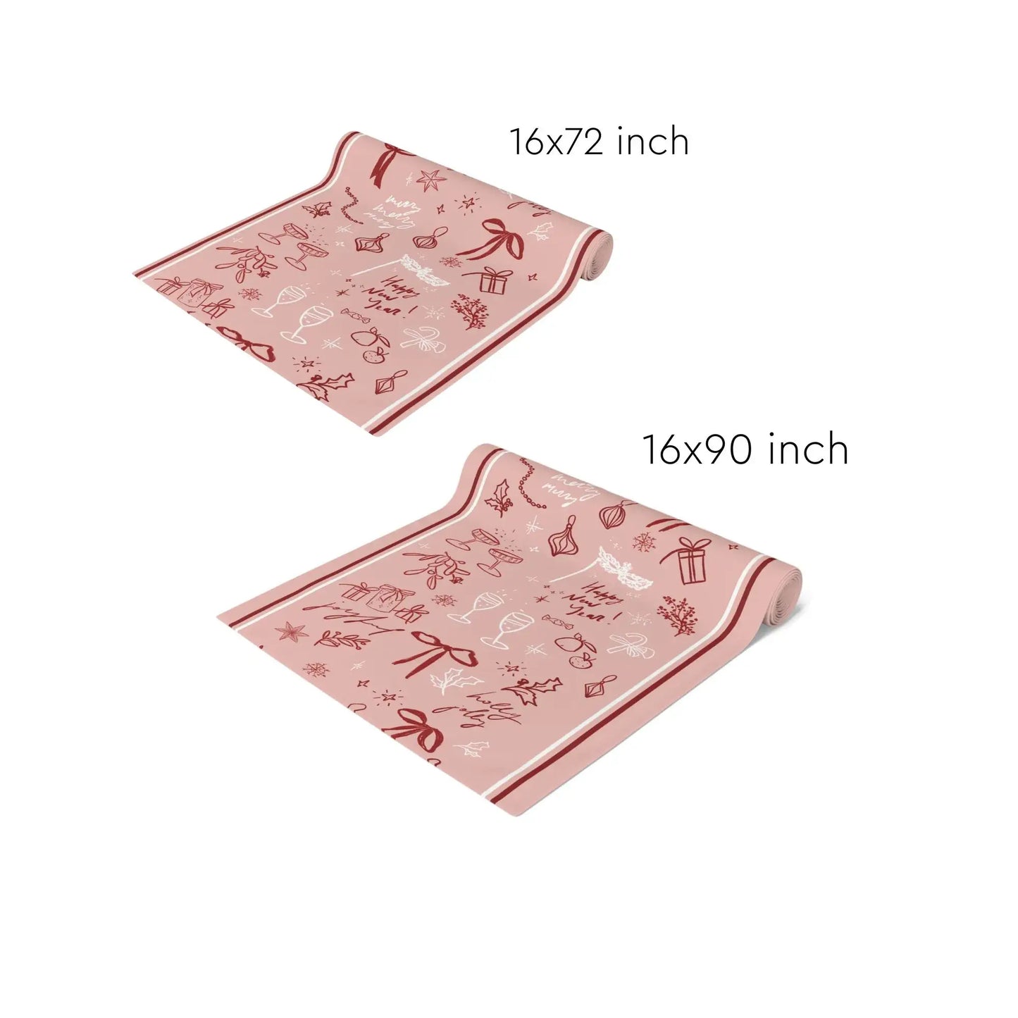 Blush Pink Christmas Table Runner in two sizes, featuring elegant red line art for holiday table decor.
