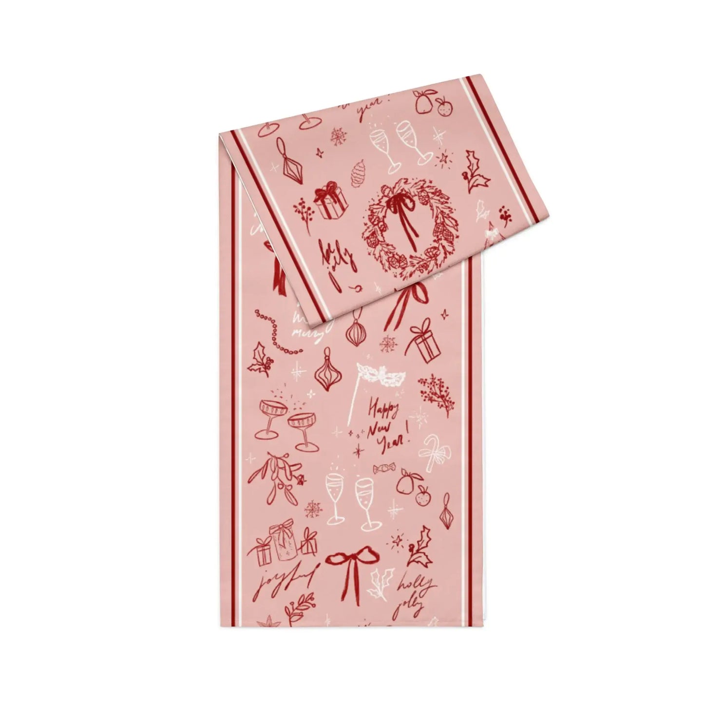 Blush Pink Christmas Table Runner, Red Line Art Holiday Table Decor featuring bows and holly designs.