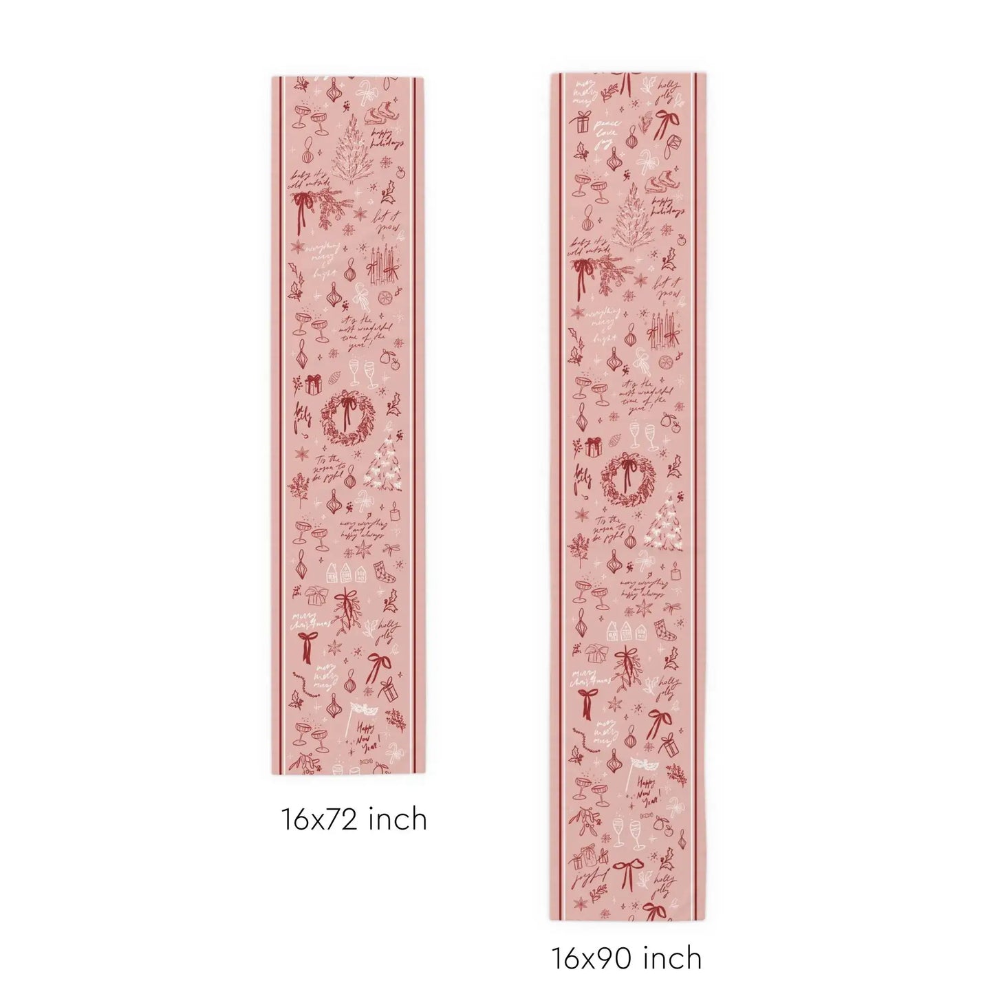 Blush Pink Christmas Table Runner with red line art designs in two sizes, perfect for holiday decor.