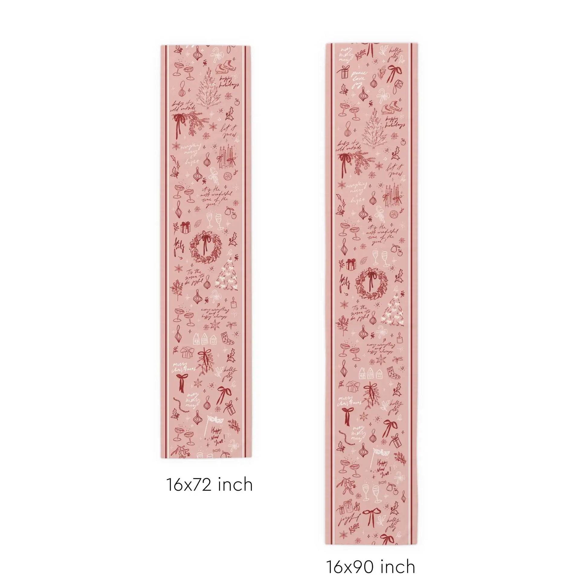 Blush Pink Christmas Table Runner with red line art designs in two sizes, perfect for holiday decor.