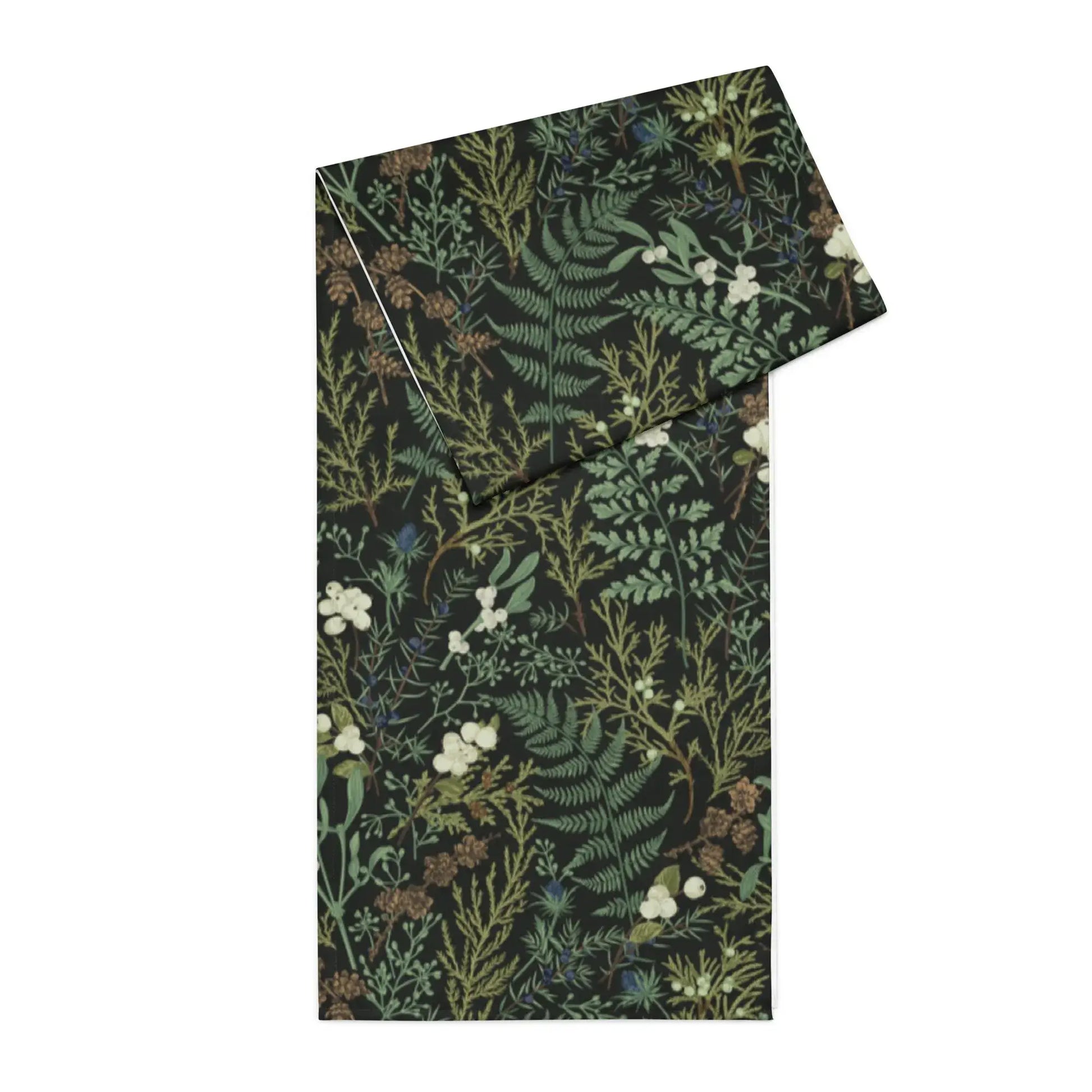 Botanical Christmas table runner featuring soft winter foliage and red berries, perfect for festive holiday decor.