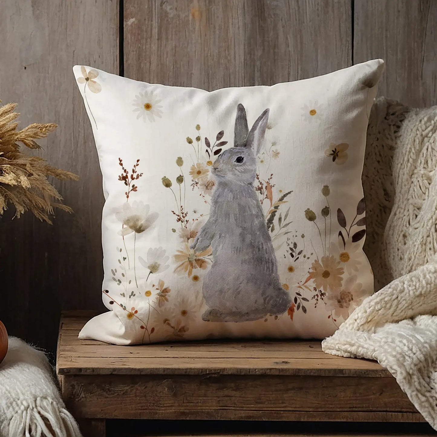 wood cabinet with Bunny Fall Pillow Cover from Blue Water Songs on it