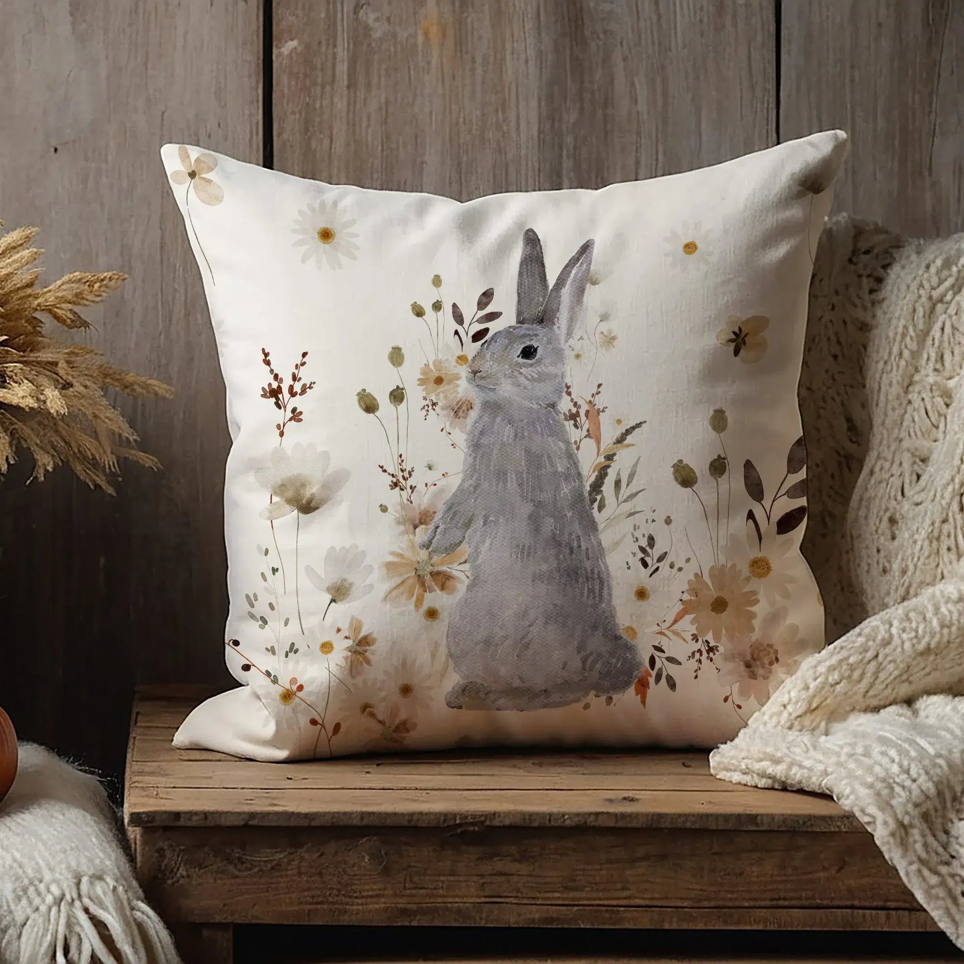 wood cabinet with Bunny Fall Pillow Cover from Blue Water Songs on it