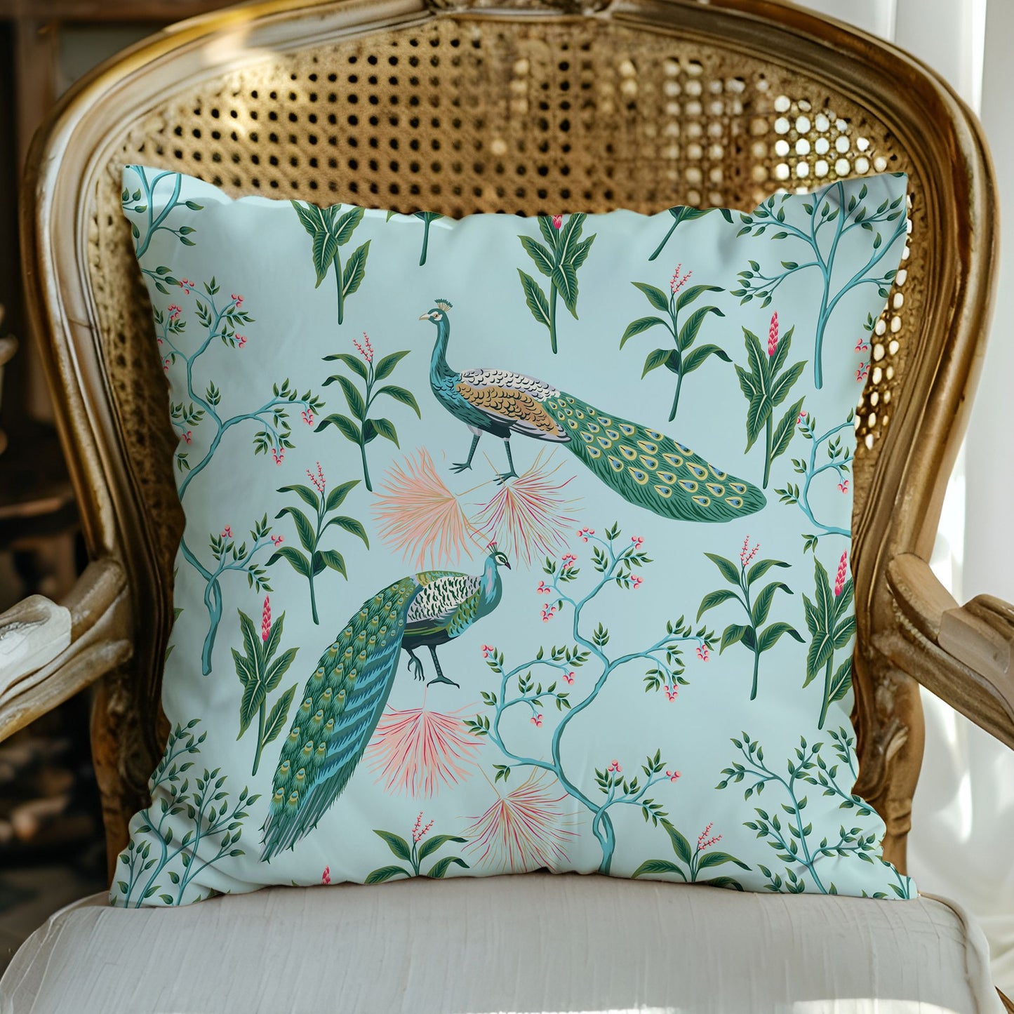 rattan chair with peacock throw pillow on it