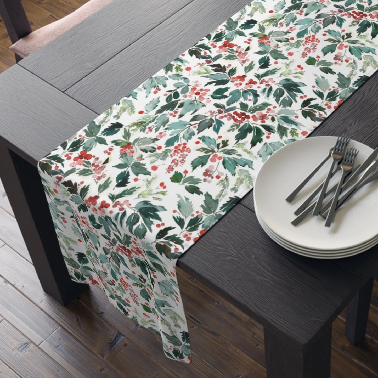 Watercolor Red Holly and Green Leaves Table Runner | WINTER23TBR06