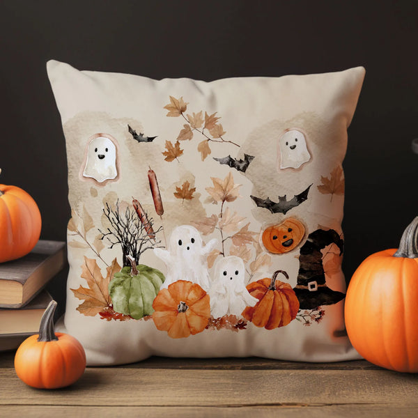 halloween decor with Blue Water Songs pillows and pumpkins