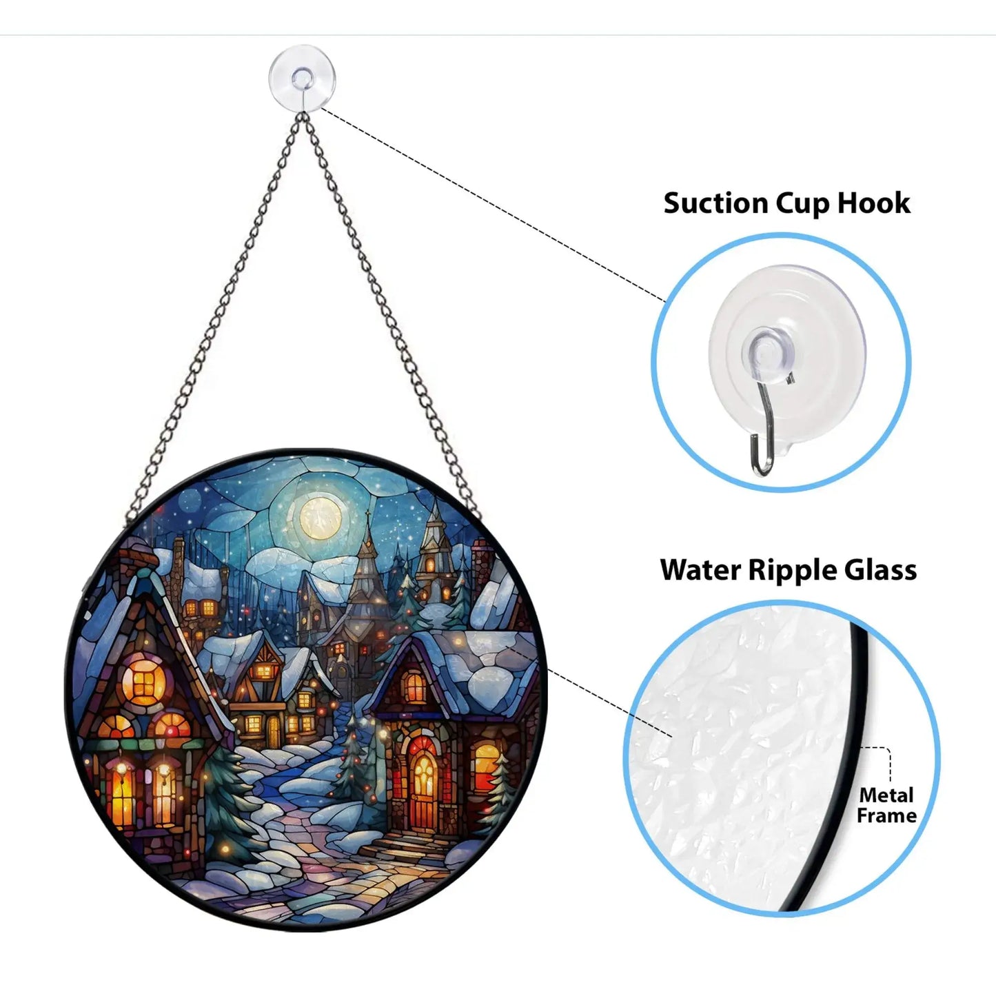 Winter Village Stained Glass Ornament hanging with suction cup, showcasing water ripple glass and a charming snowy scene.