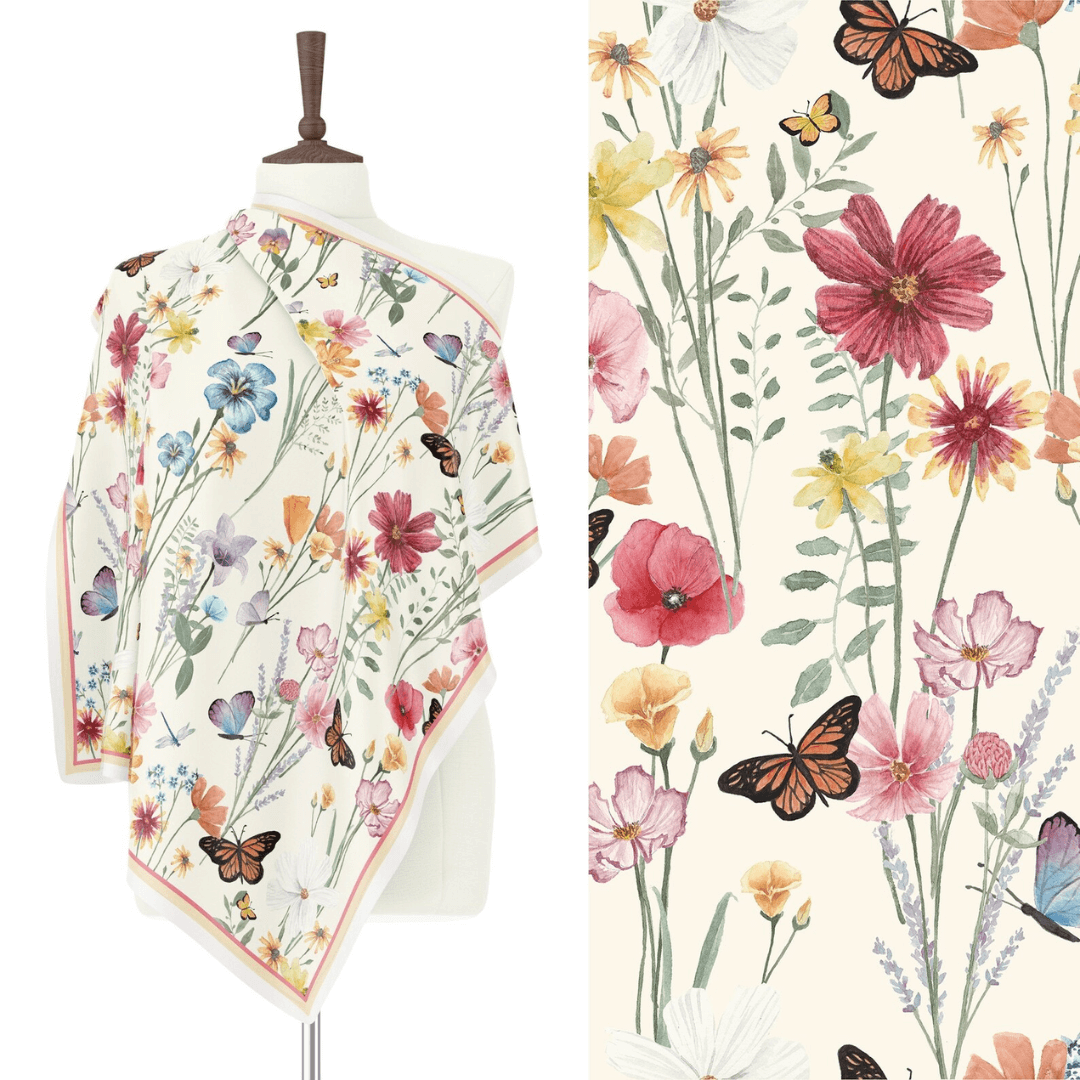 Colorful Botanical Wildflowers Silk SCARF from Blue Water Songs wrapping around mannequin