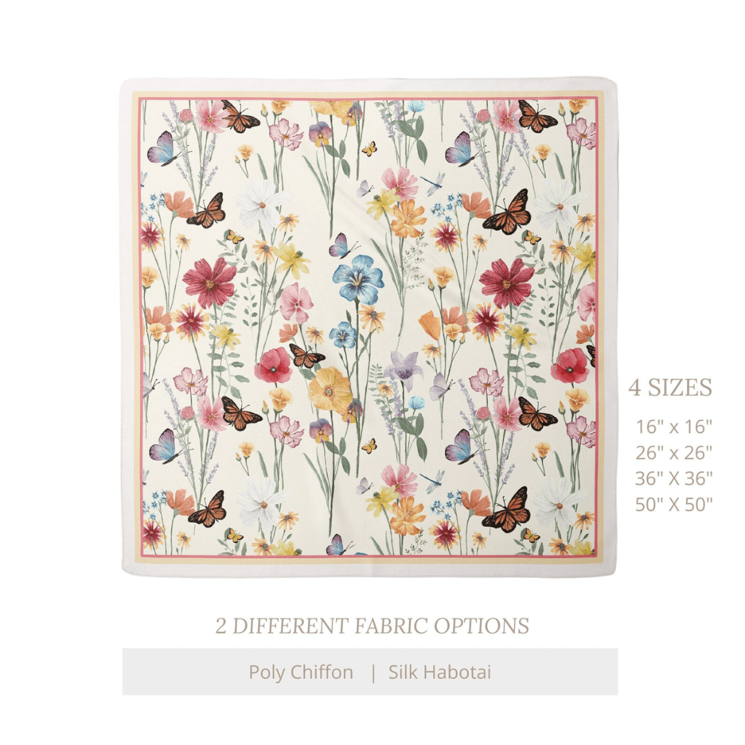 sizes descriptions of Colorful Botanical Wildflowers Silk SCARF from Blue Water Songs