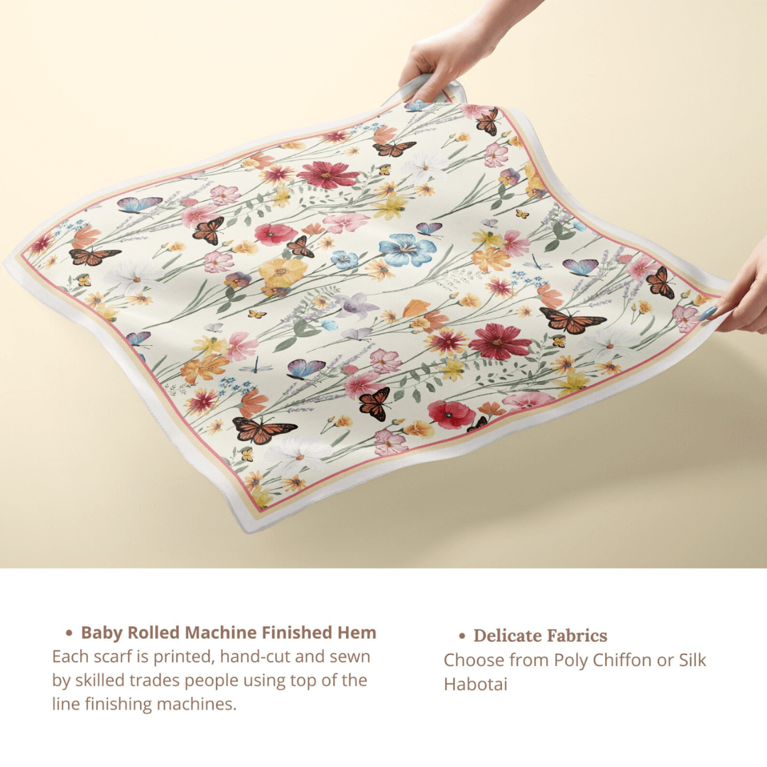 woman's hands holding Colorful Botanical Wildflowers Silk SCARF from Blue Water Songs