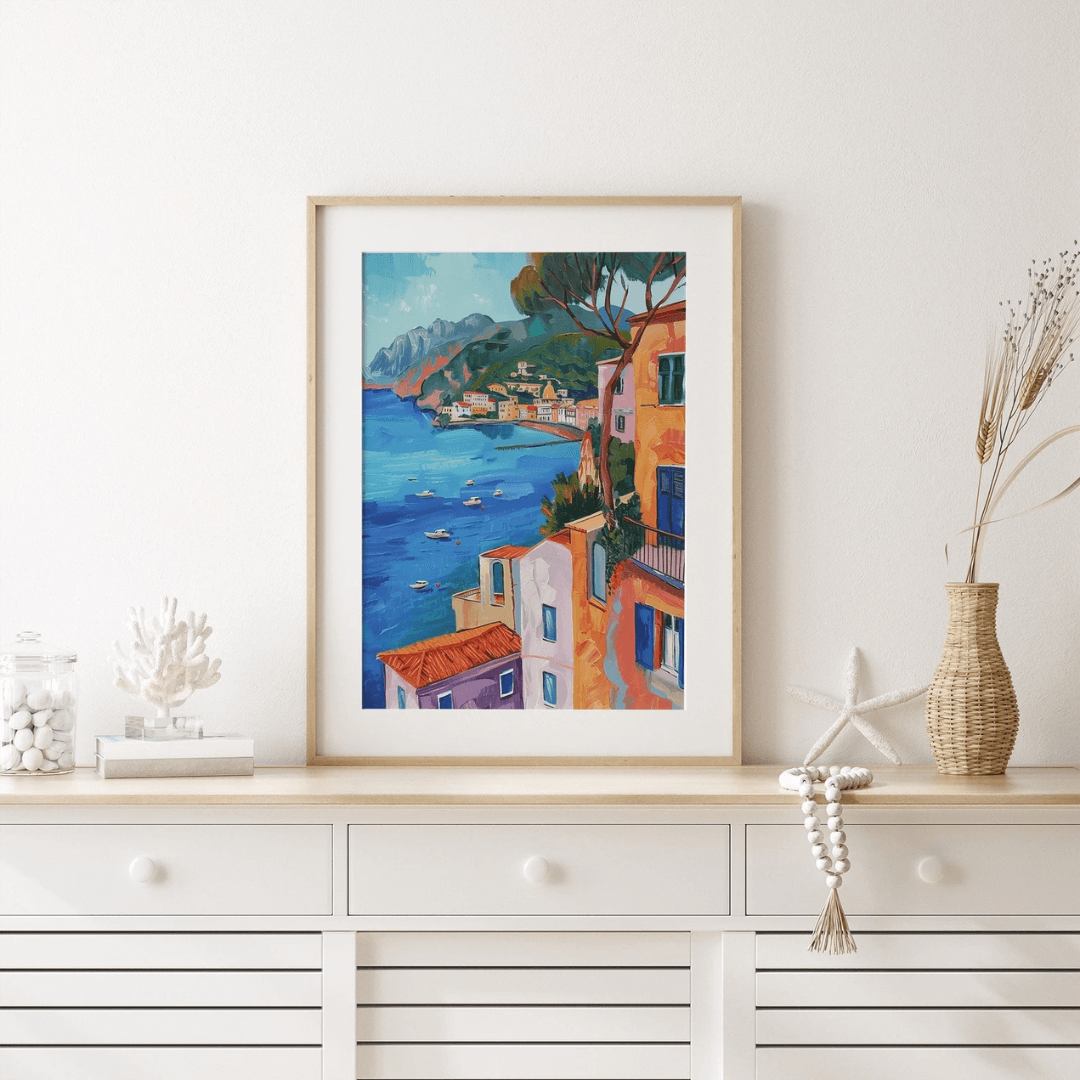 Colorful coastal Painting printed poster - WALL ART - Physical print in a modern decor setting.