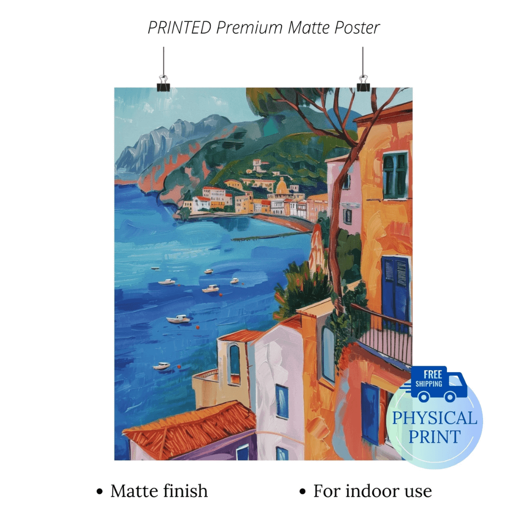 Colorful coastal Painting printed poster - WALL ART - Physical print showcasing vibrant seaside view with rustic buildings.