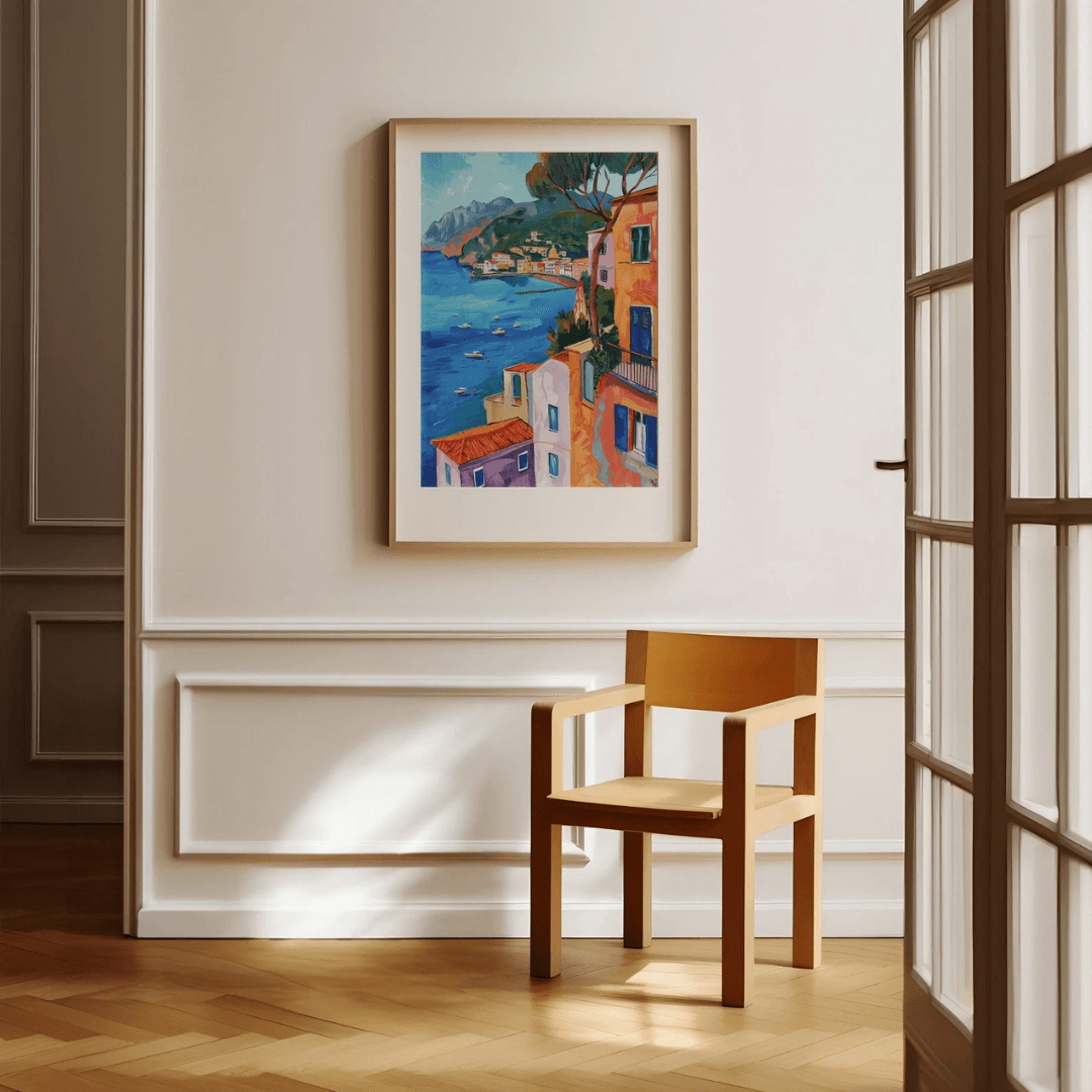 Colorful coastal Painting printed poster - WALL ART - Physical print displayed in a modern interior with wooden chair.