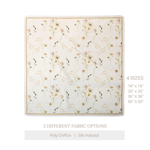 sizes description of Cream watercolor Wildflowers Silk SCARF from Blue Water Songs